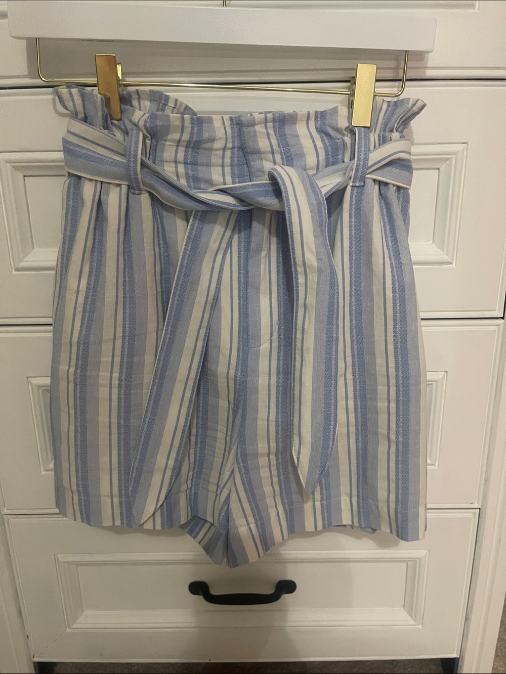 Express Blue & White Striped Paperbag Waist Shorts